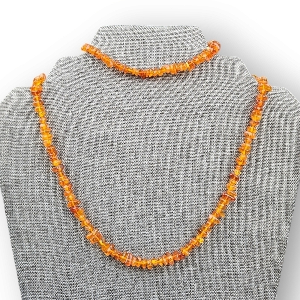 Genuine Amber Bracelet Necklace Set 925 Sterling Silver Beaded Chip Strand Vtg